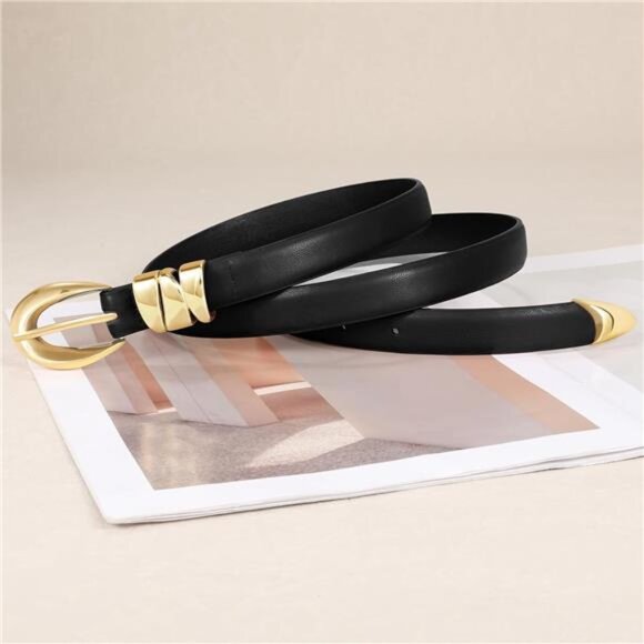 Leather Belt for Women – Gold Buckle Adjustable Belt, Classic Thin Waist Belt - Picture 2 of 4